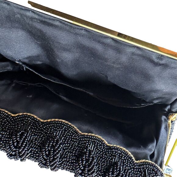 Vintage Ladies Jet Black Beaded Cocktail Handbag Purse Gold Clasp - Picture 10 of 11